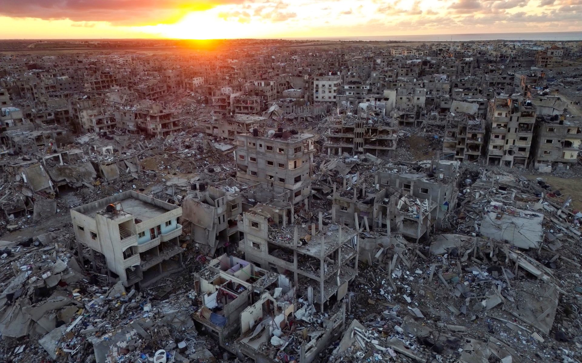 An aerial photograph taken by a drone shows the destruction caused by the Israeli air and ground offensive, in Rafah, Gaza Strip. 