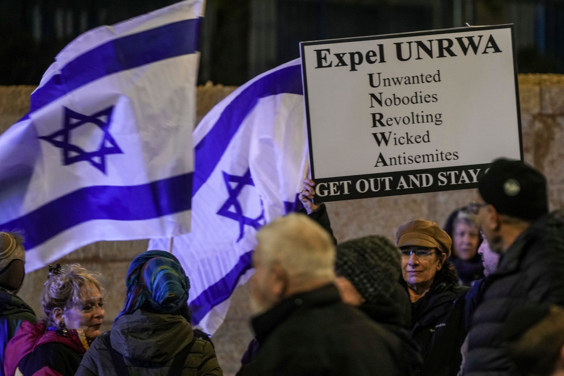 People protest against aid agency known as UNRWA in Jerusalem, Monday, Feb. 5, 2024. (AP Photo/Mahmoud Illean, File)