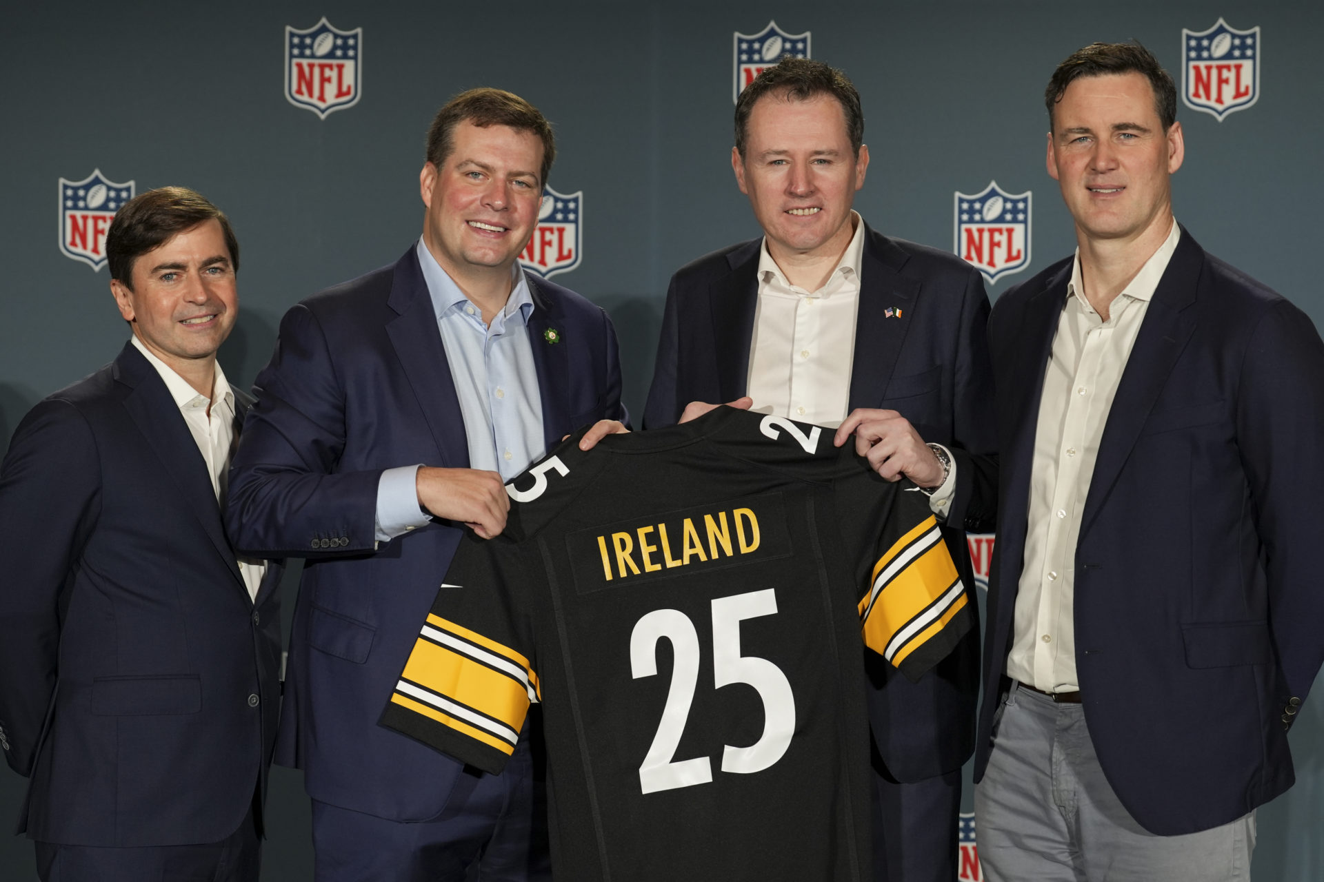 (Left to right) Peter O’Reilly, Executive Vice President International, League Events and Club Business, Dan Rooney, Director of Business Development & Strategy, Pittsburgh Steelers, Charlie McConalogue, Irish Minister of State for Sport, and Henry Hodgson, General Manager of UK and Ireland on Friday, Feb. 7, 2025 in New Orleans. (Lauren Justice/AP Content Services for the NFL)