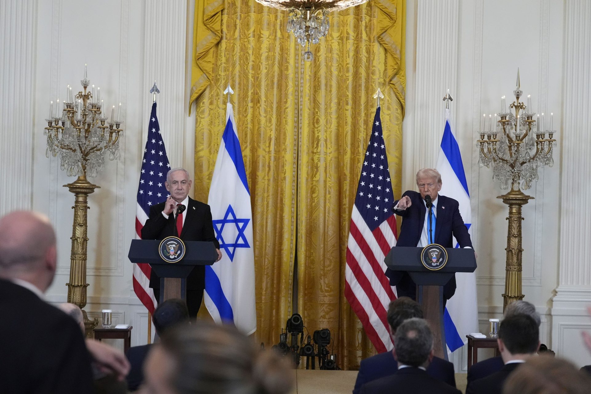 President Donald Trump and Israeli Prime Minister Benjamin Netanyahu take questions during a news conference in the East Room of the White House, Tuesday, Feb. 4, 2025, in Washington. (AP Photo/Alex Brandon)