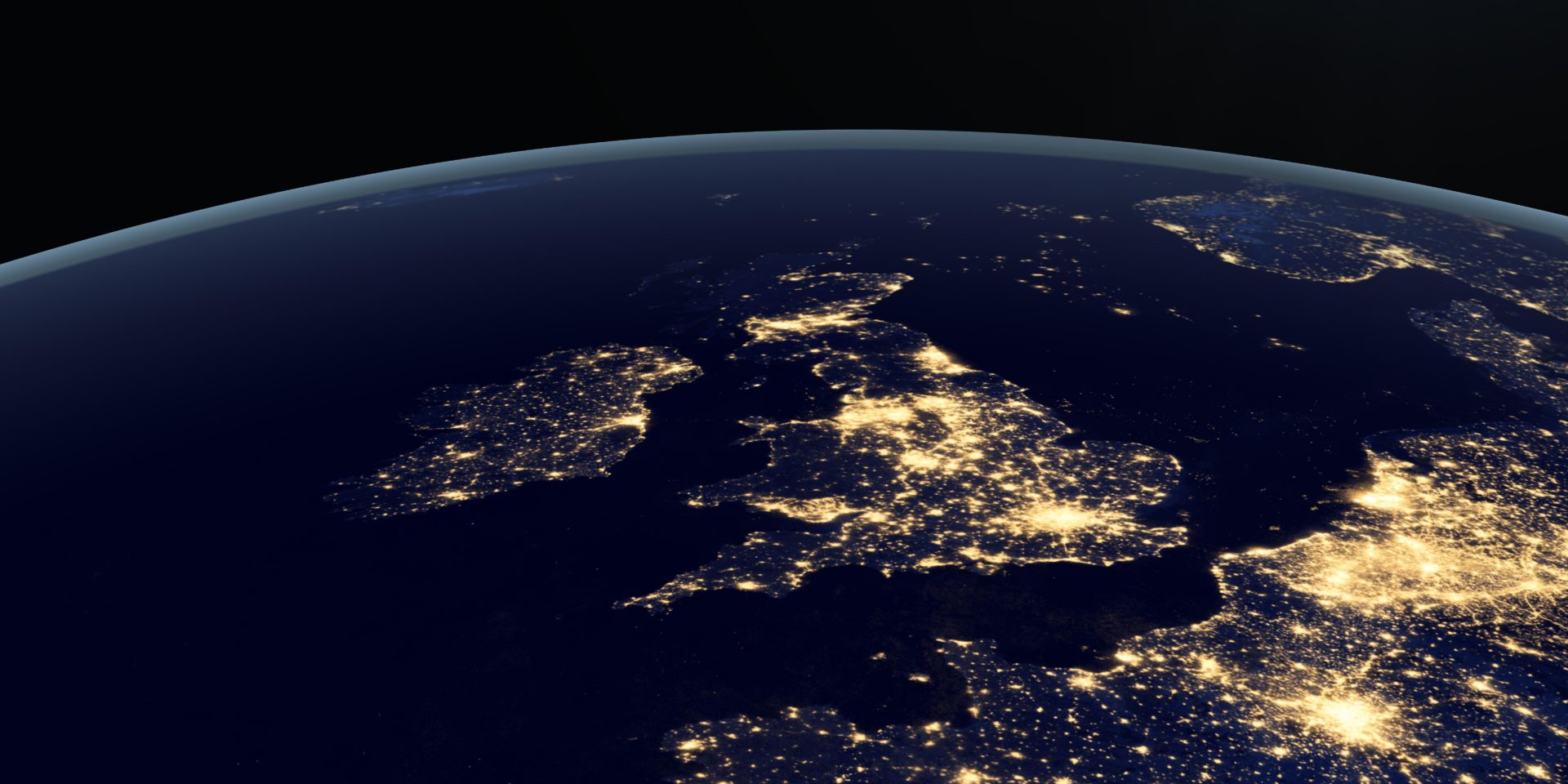 Ireland at night in the earth planet rotating from space.