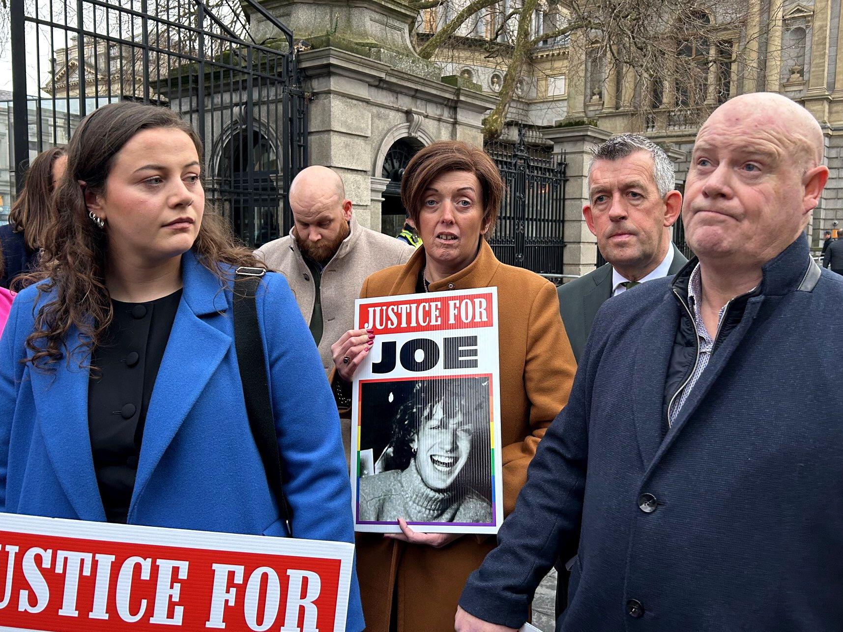 Family members of Joe Drennan, Sarah Drennan (left), Richard Drennan (second left), Marguerite Drennan (centre) and Tim Drennan (right) gather outside Leinster House. The family of Joe Drennan, a University of Limerick who was killed after being struck by a car in October 2023, have called for a ban on concurrent sentences in cases where there has been a loss of life. The driver of the car that hit Joe, now 21-year-old Kieran Fogarty of Ballinacurra Weston in Limerick, was sentenced to dangerous driving causing death which is