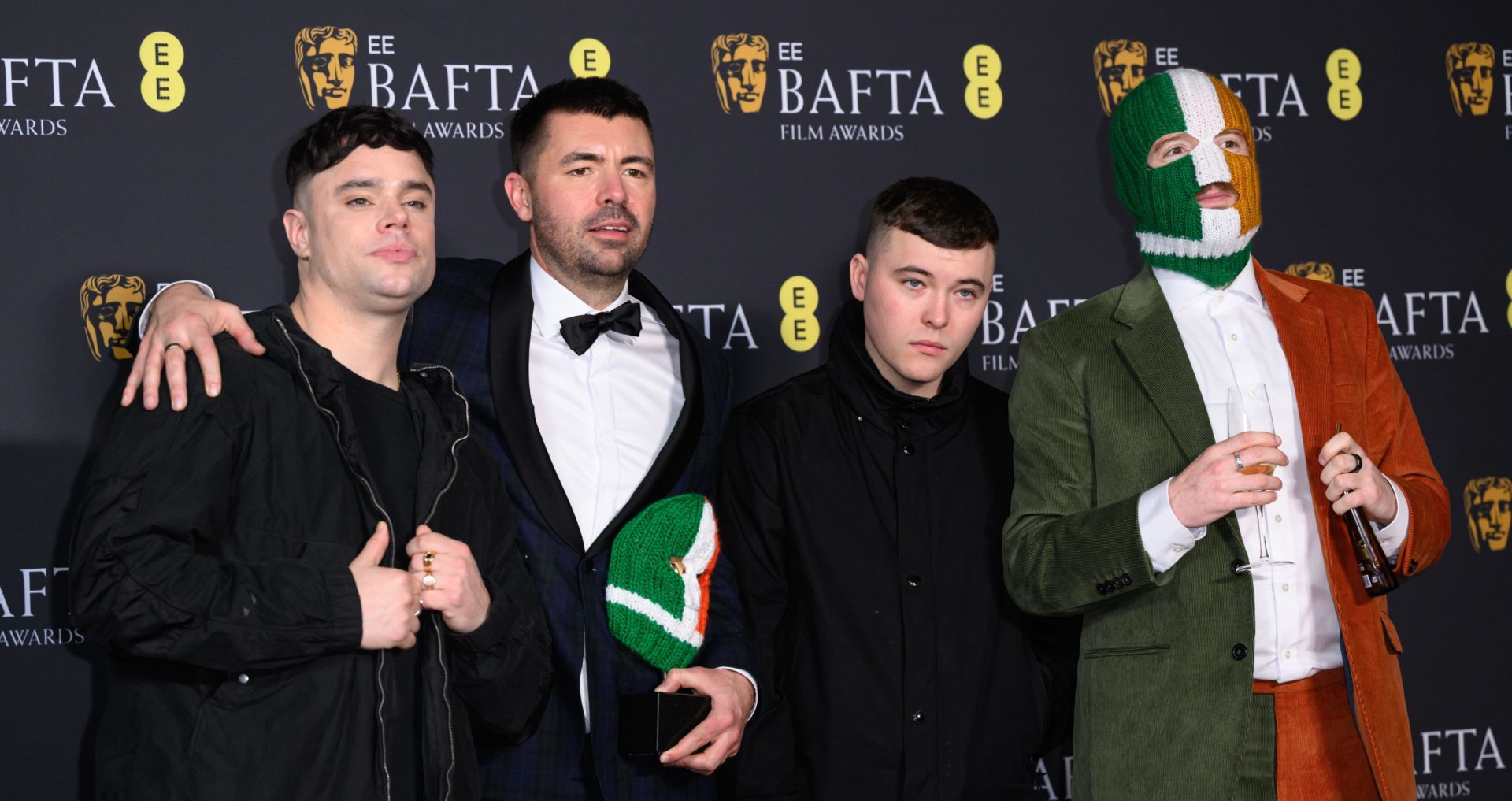 2ST348D London, UK. February 16th, 2025. Kneecap and Rich Peppiatt in the Winners Room at the 2025 EE BAFTA Film Awards, The Royal Festival Hall. Credit: Doug Peters/EMPICS/Alamy Live News