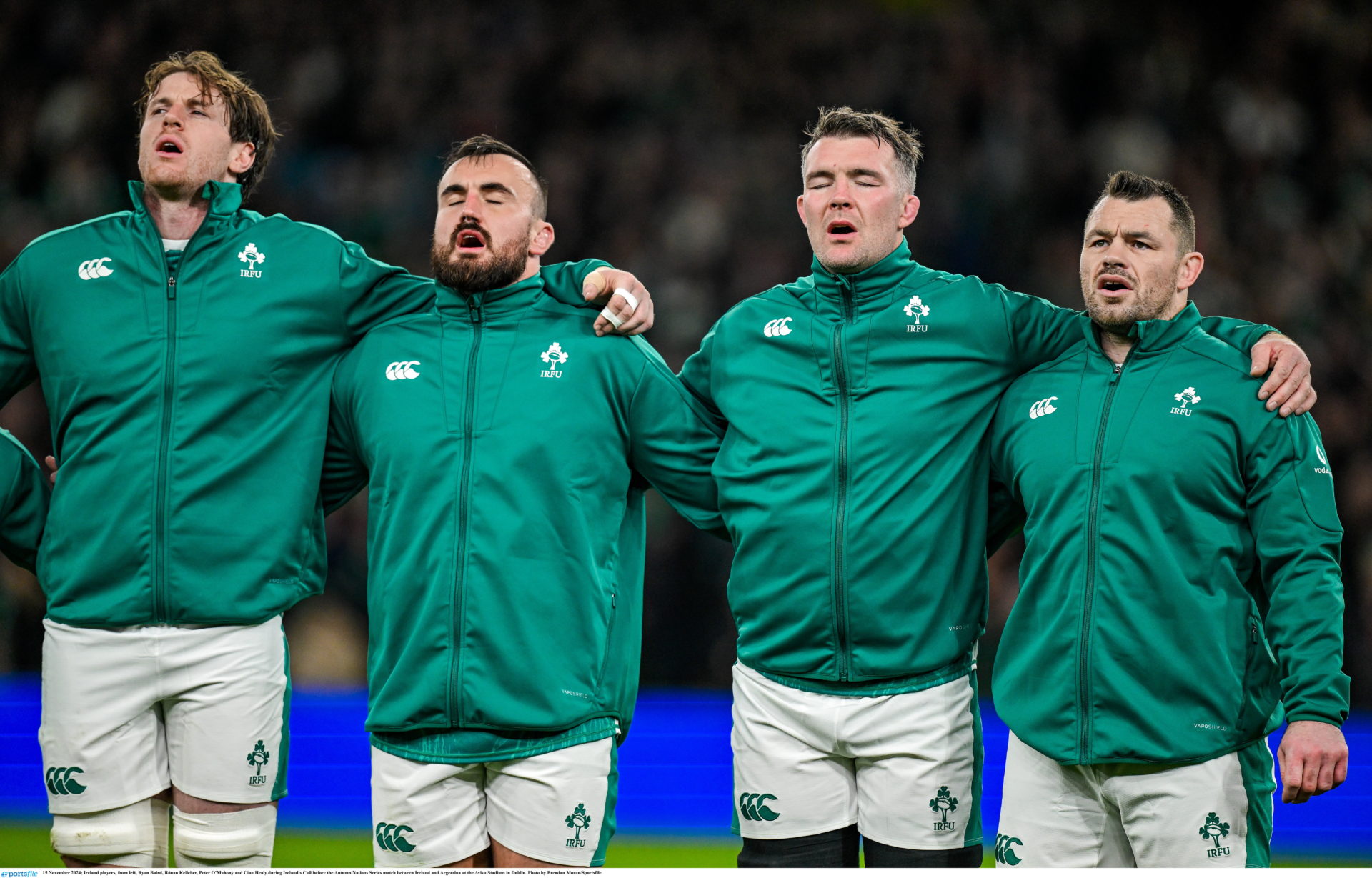 15 November 2024; Ireland players, from left, Ryan Baird, Rónan Kelleher, Peter OMahony and Cian Healy during Ireland's Call before the Autumn Nations Series match between Ireland and Argentina at the Aviva Stadium in Dublin. Photo by Brendan Moran/Sportsfile