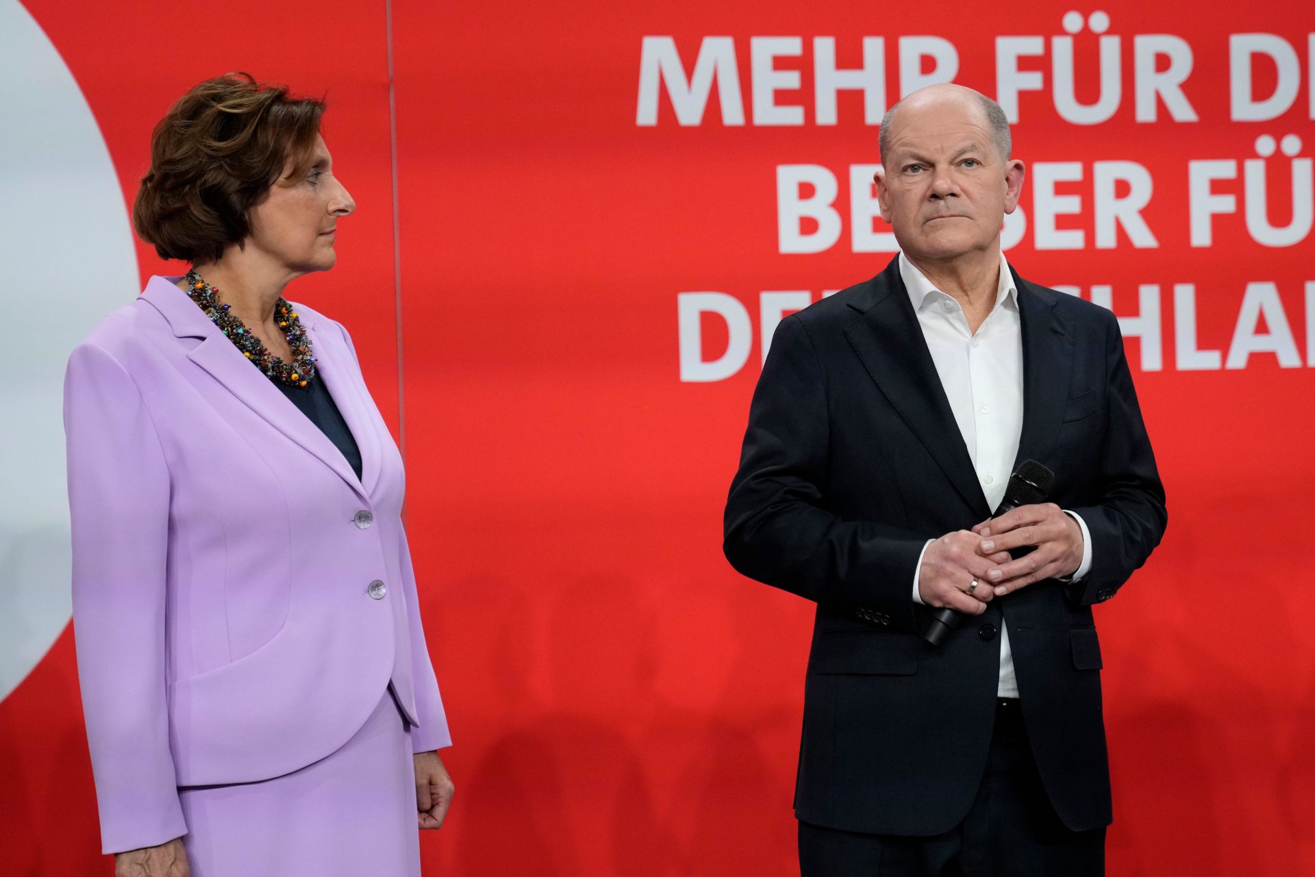 German Chancellor Olaf Scholz, right, and his wife Britta Ernst after first projections are announced during the election party at the Social Democratic Party (SPD) headquarters in Berlin.