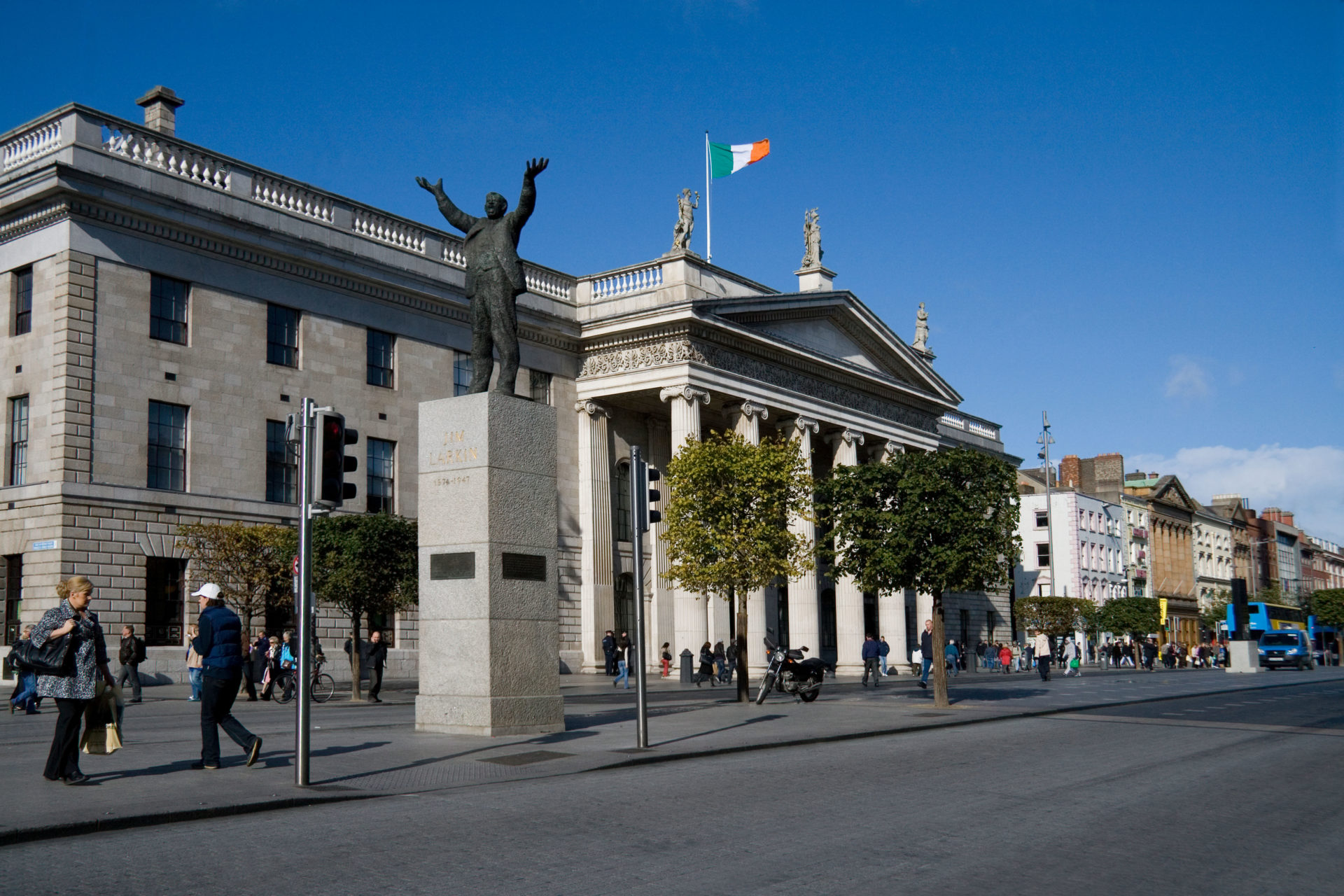 O'Connell St. Dublin, showing the statue of Jim Larkin in front of the main post office.