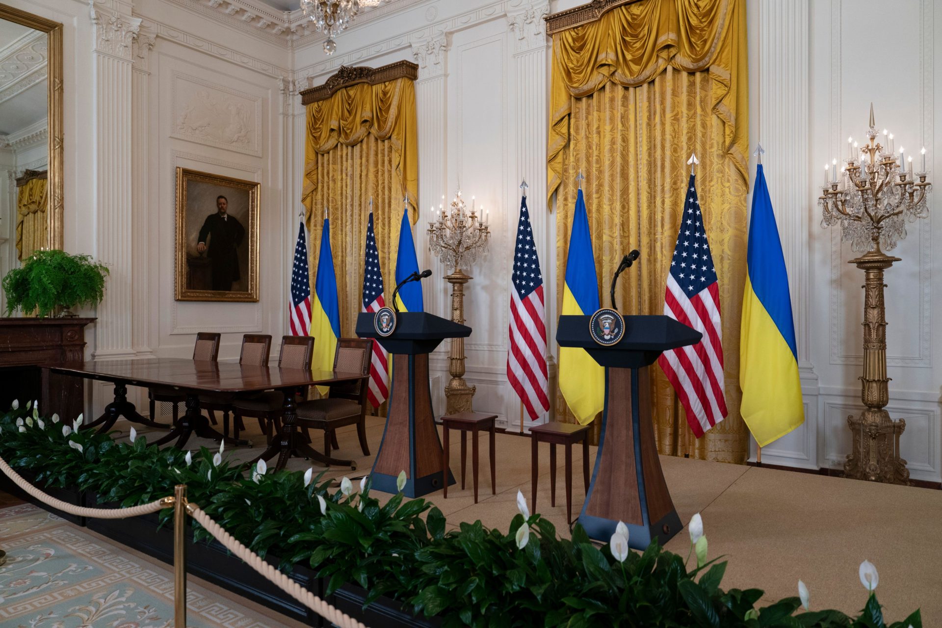 The dais where a press conference and an agreement were to be signed by United States President Donald J Trump and President Volodymyr Zelenskyy at the White House.