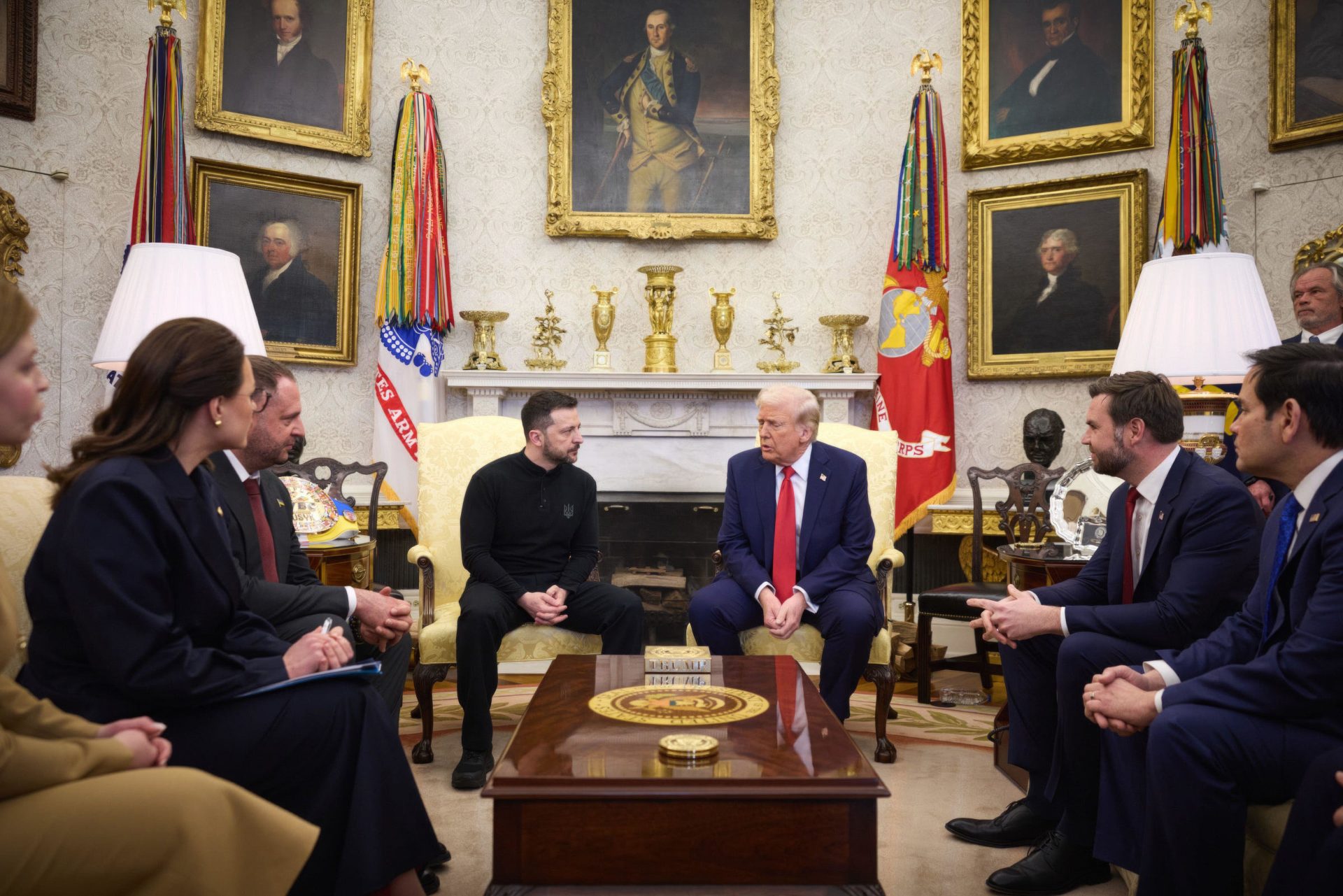 Ukrainian President Volodymyr Zelenskyy, left, listens to U.S President Donald Trump, right, during a very tense bilateral meeting at the Oval Office of the White House, February 28, 2025 in Washington.