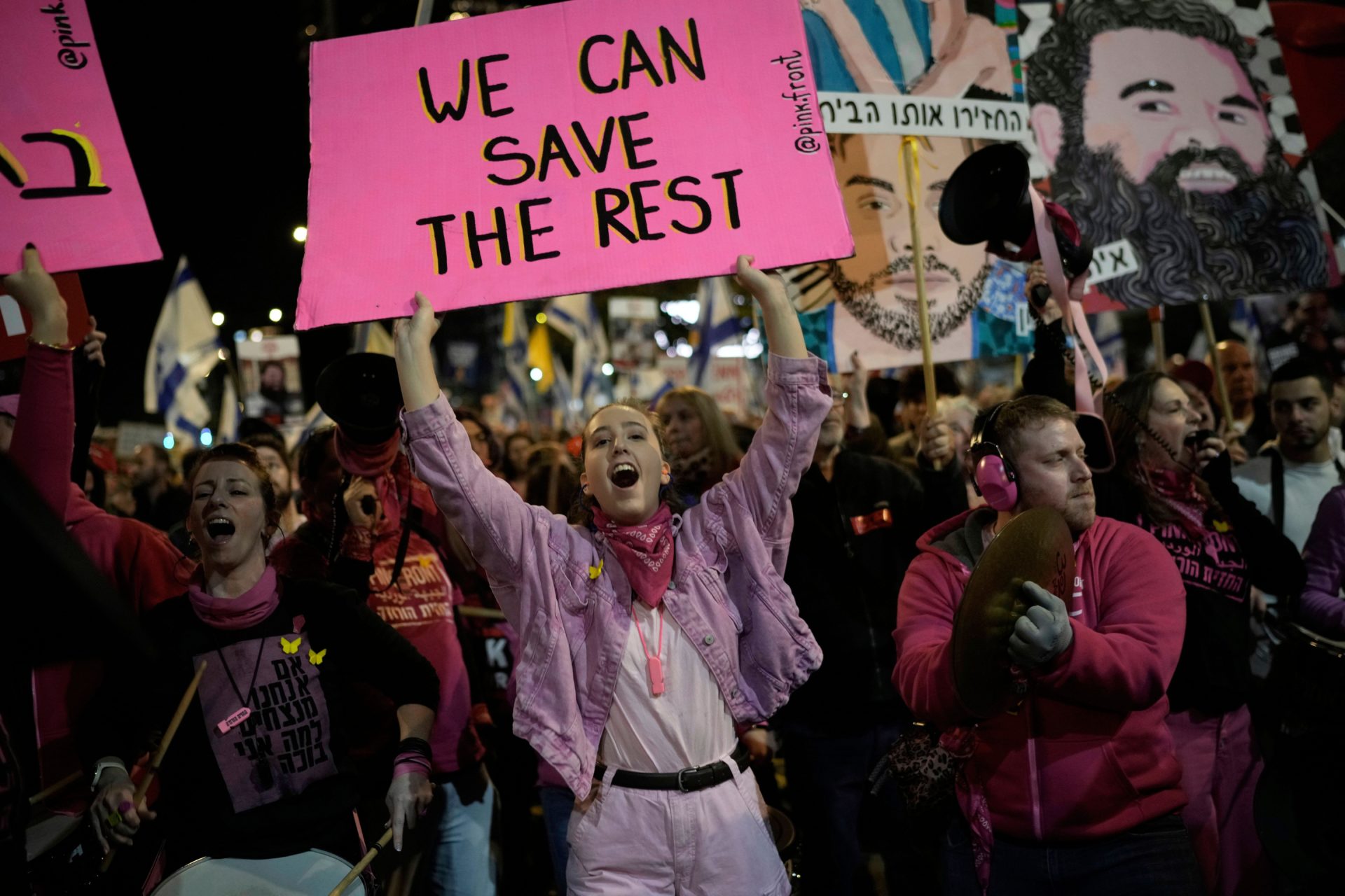 People take part in a protest demanding the immediate release of hostages held by Hamas in the Gaza Strip, in Tel Aviv, Israel.