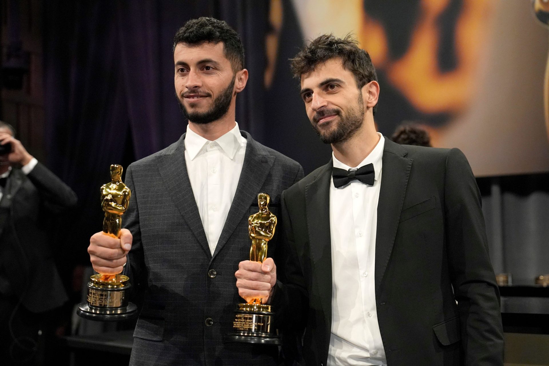 Basel Adra, left, and Yuval Abraham, winners of the award for best documentary feature film for "No Other Land," the Governors Ball after the Oscars on Sunday, March 2, 2025, in Los Angeles. 