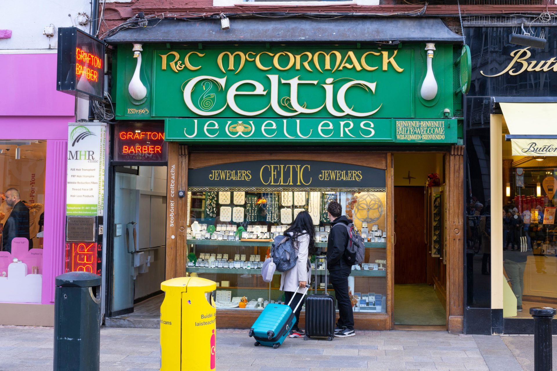 Ireland Eire Dublin Grafton Street R & C McCormack Celtic Jewellers est 1963 Celtic wedding bands Claddagh Rings Celtic Brooches Children of Lir.