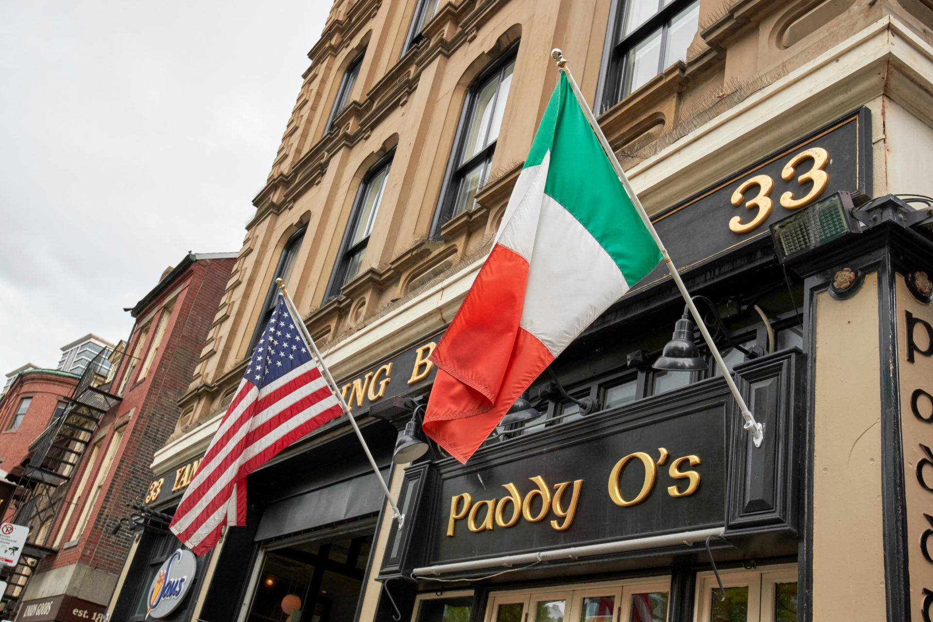 Paddy O's irish american bar with irish and us flags flying Boston USA. 