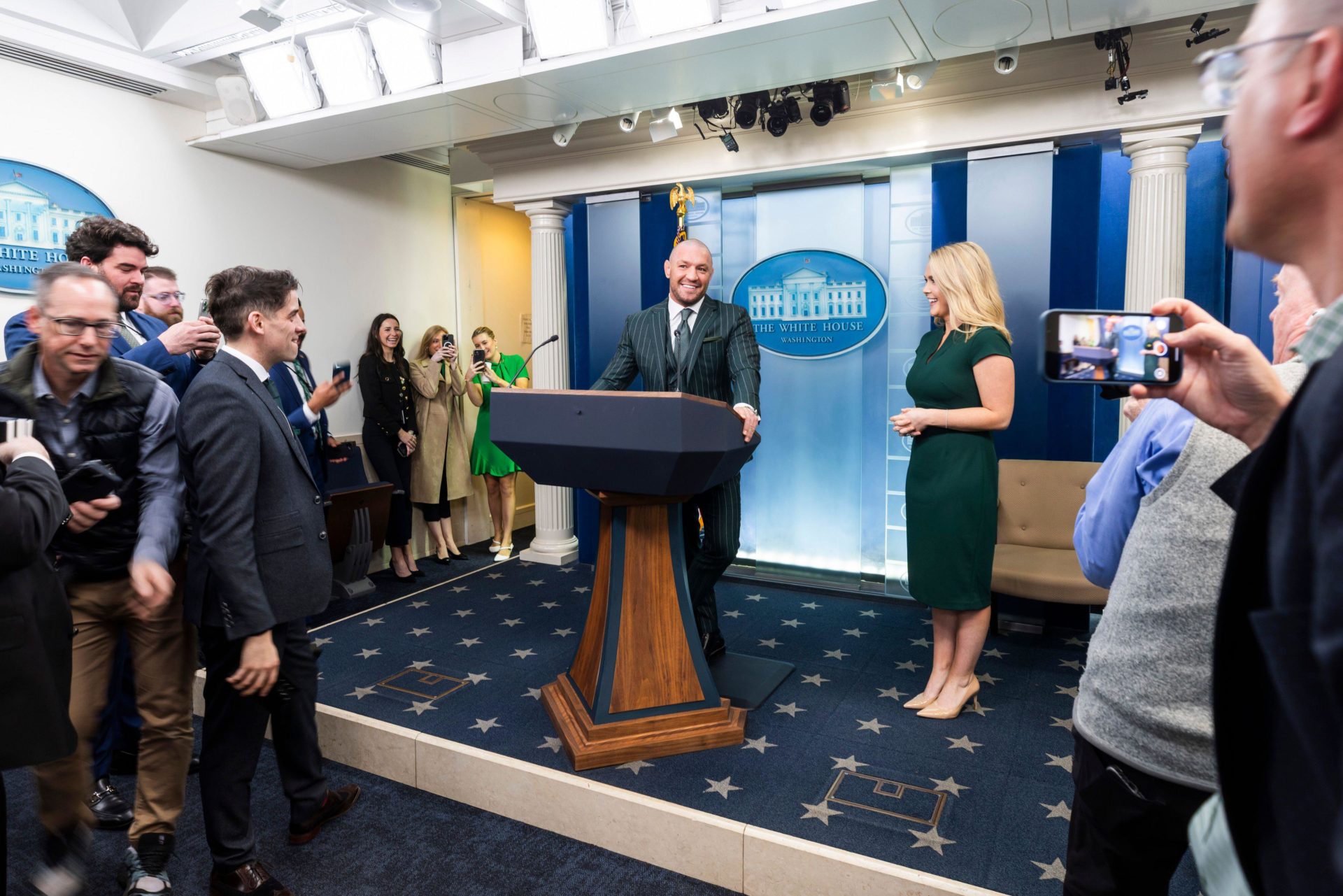 Irish mixed martial artist Conor McGregor speaks briefly to the media in the White House .