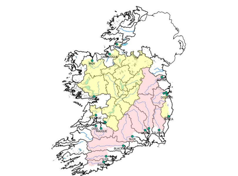 Location of the early insights nitrogen indicator monitoring stations and their contributing catchment areas.