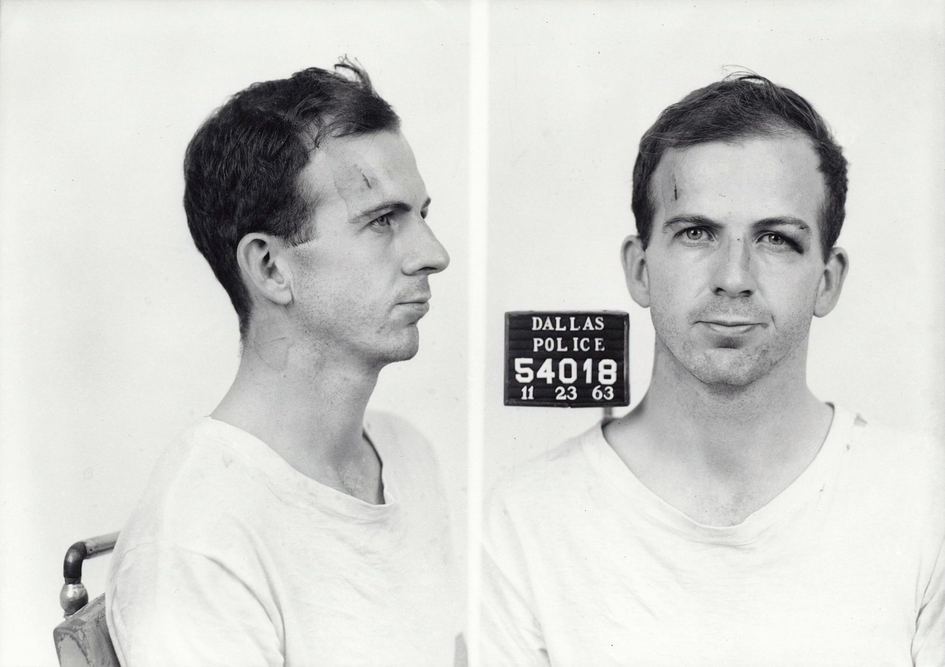 Mugshots of Lee Harvey Oswald taken at the Dallas Police Department on November 23, 1963. 