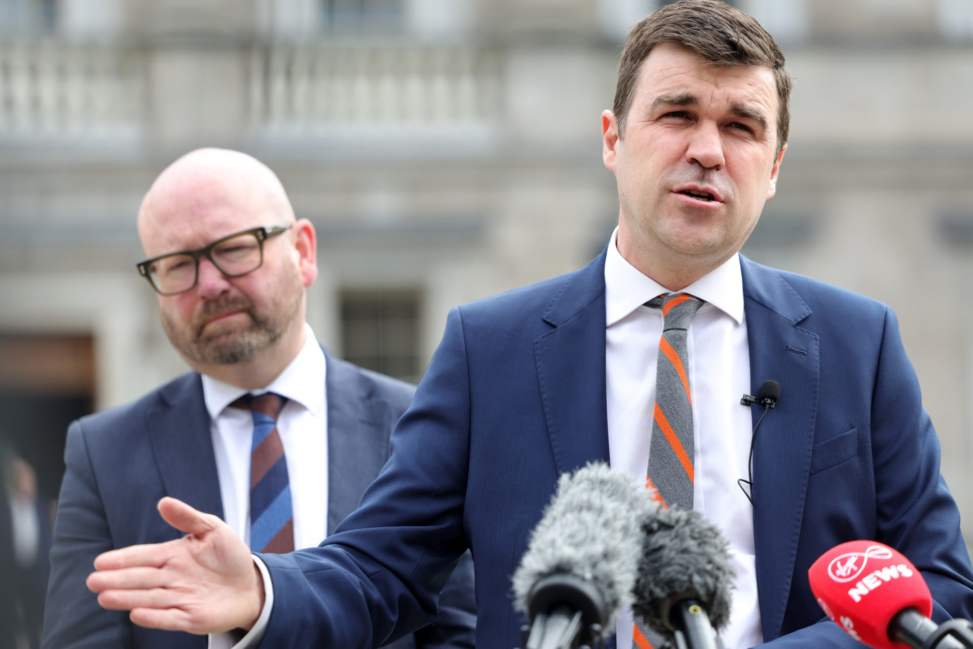 Labour's Finance Spokesperson Ged Nash TD and Foreign Affairs spokesperson Duncan Smith TD speaking to the media about todays vote on Dail speaking time at the Leinster House on the Plinth of the Dail.