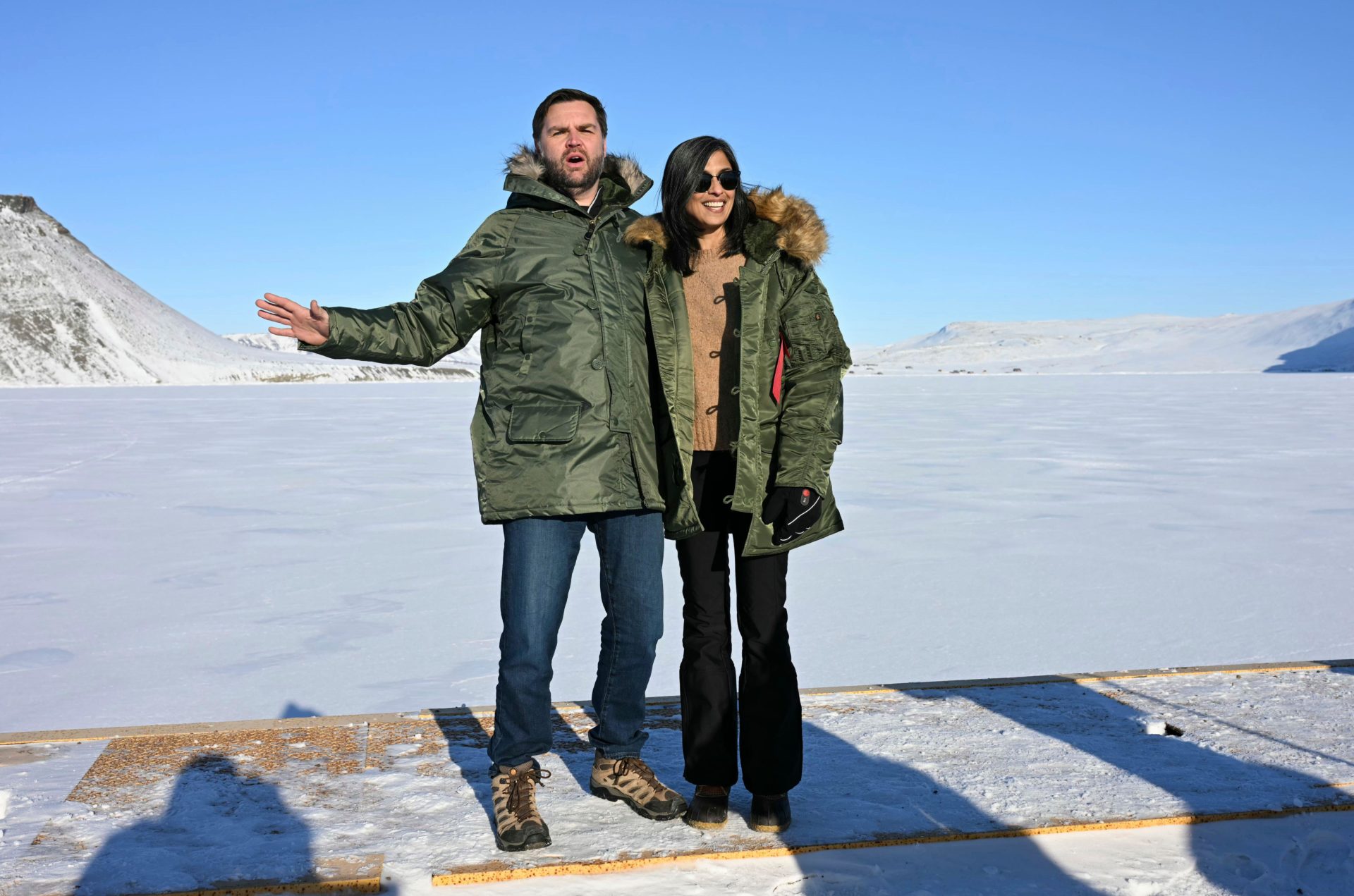 Vice President JD Vance, left, and second lady Usha Vance pose during a tour of Pituffik Space Base, Friday, March 28, 2025, in Greenland.