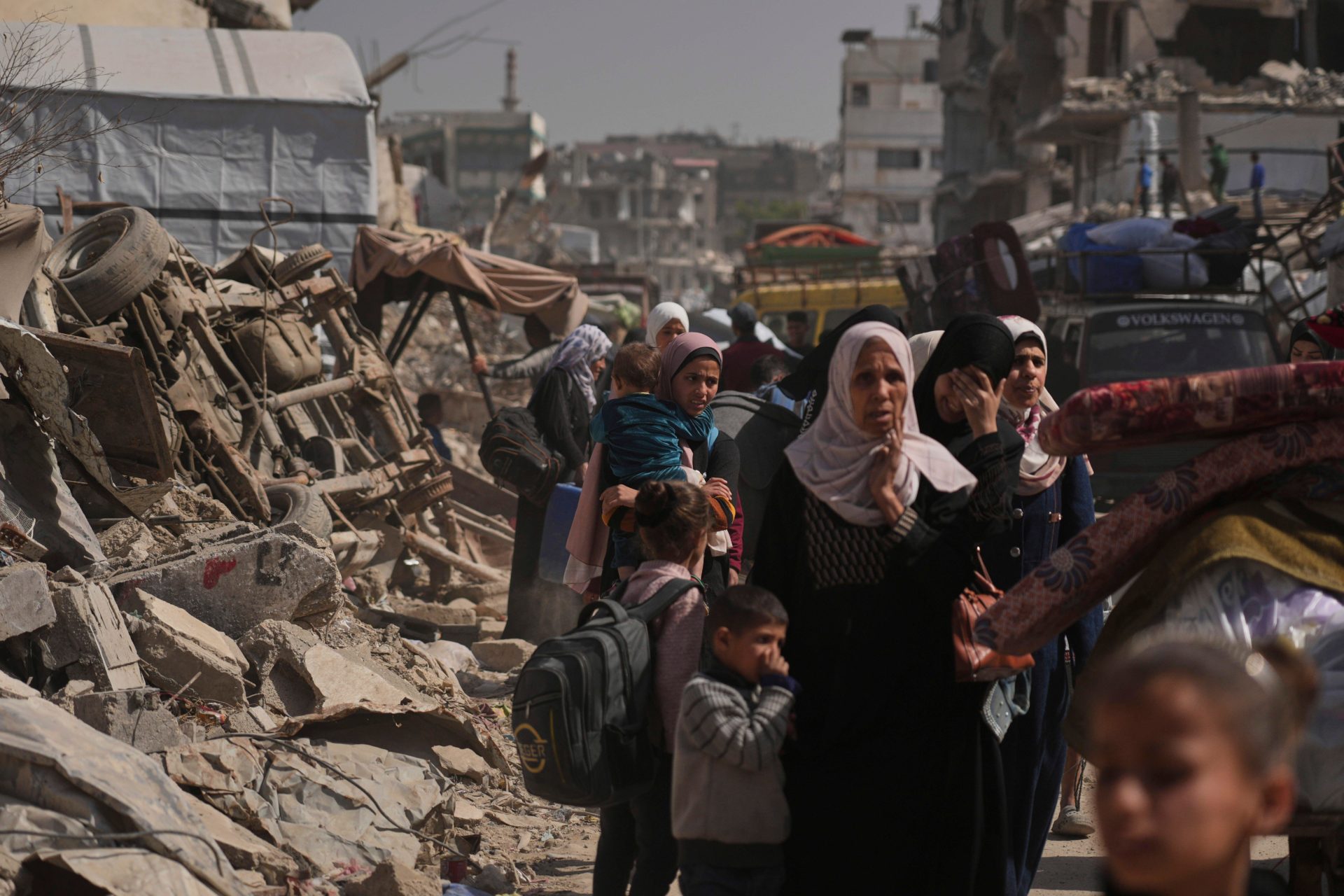 Displaced Palestinians flee from Shijaiyah, Gaza, on Thursday, April 3, 2025, after the Israeli military issued evacuation orders in the area.