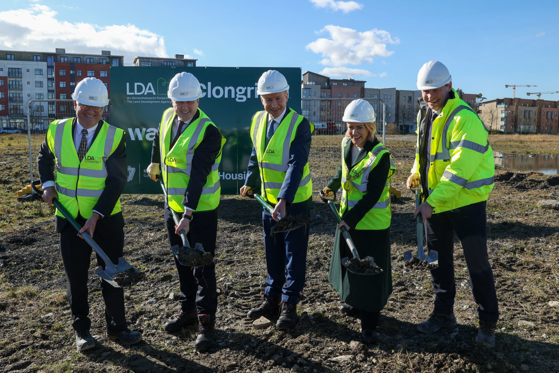 Photograph of sodturning as Land Development Agency starts construction on over 400 new homes in Clongriffin, Dublin, 28/2/2025. Pictured from left right: Cormac O’Rourke,chair of the LDA; James Browne, Minister for Housing; Taoiseach Micheál Martin; Councillor Emma Blain, Lord Mayor of Dublin; John Coleman - CEO of LDA. Photograph: Government Information Service.