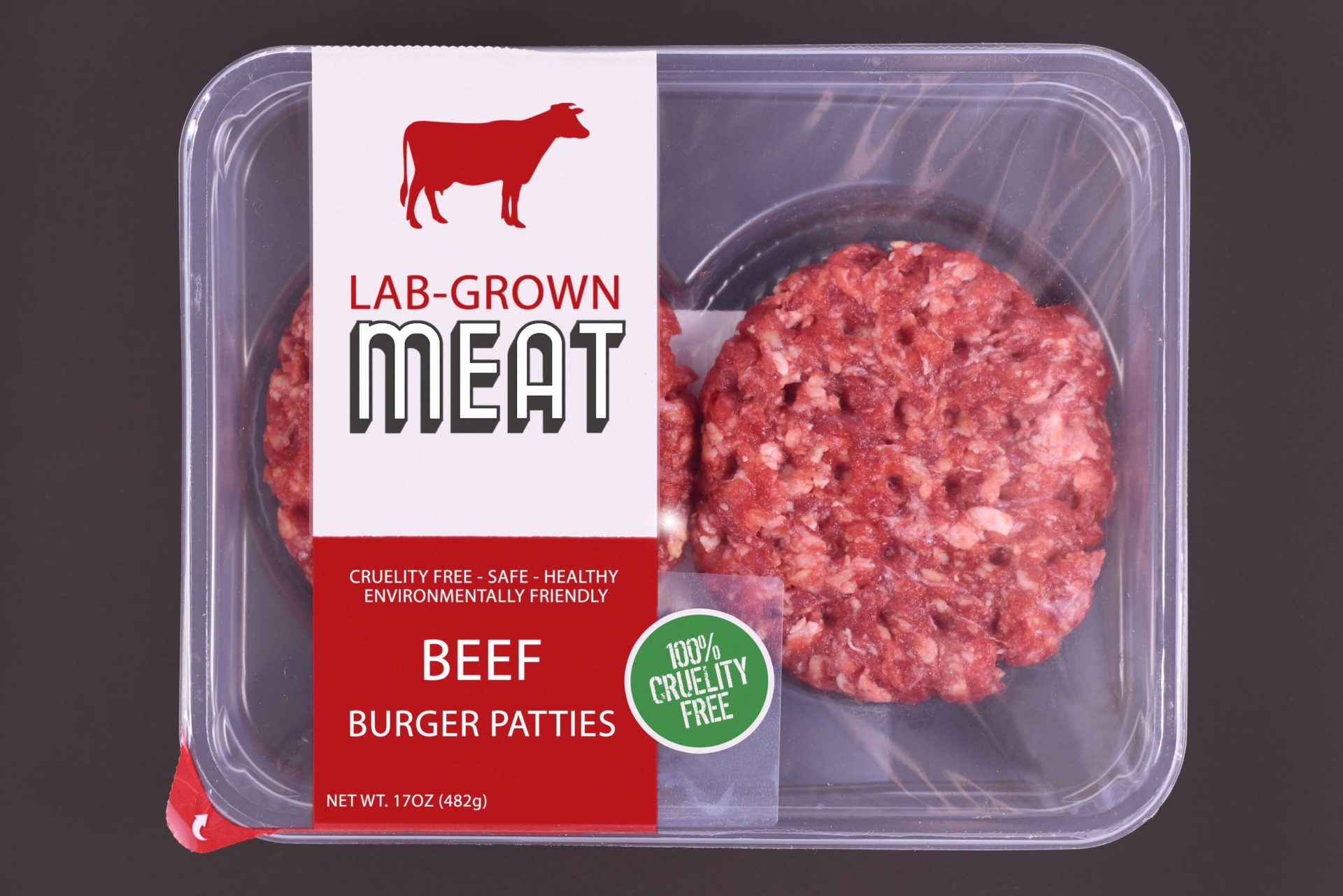 Lab grown cultured meat concept for artificial in vitro cell culture meat production with packed raw burger patties with made up label.