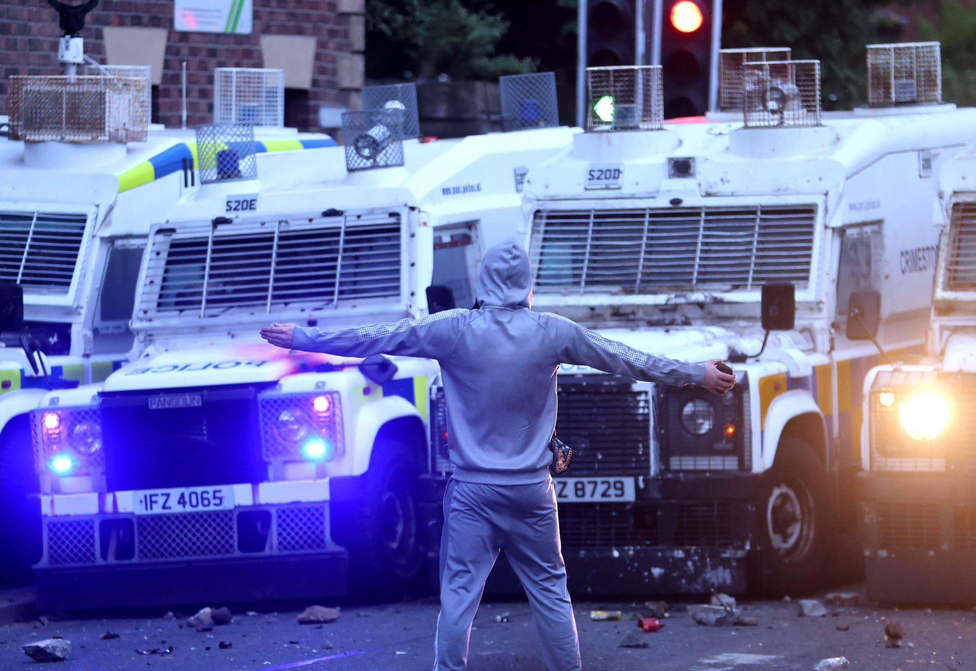 Riot police on the streets of Ballymena Co Antrim as tesions rise after riots in recent days.