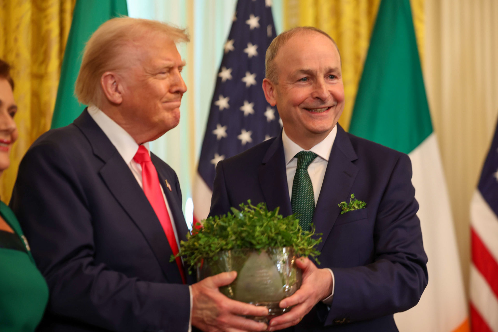Taoiseach Micheál Martin with US President Donald Trump at the annual shamrock ceremony as part of St Patrick’s Day celebrations in the White House (12/3/2025). Photograph: Tasos Katopodis / Government of Ireland/Via RollingNews.ie