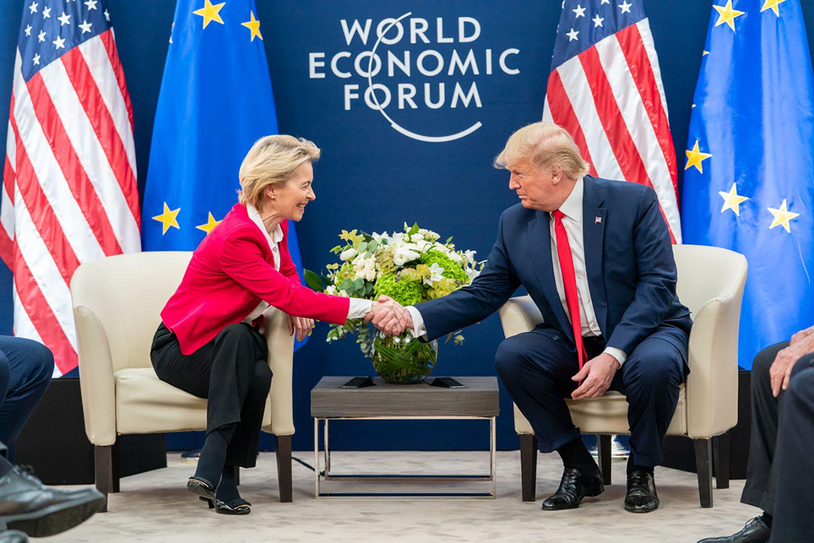 2F0W87W President Donald Trump meets with the President of the European Commission Ursula von der Leyen during the 50th Annual World Economic Forum meeting Tuesday Jan. 21 2020 at the Davos Congress Centre in Davos Switzerland.