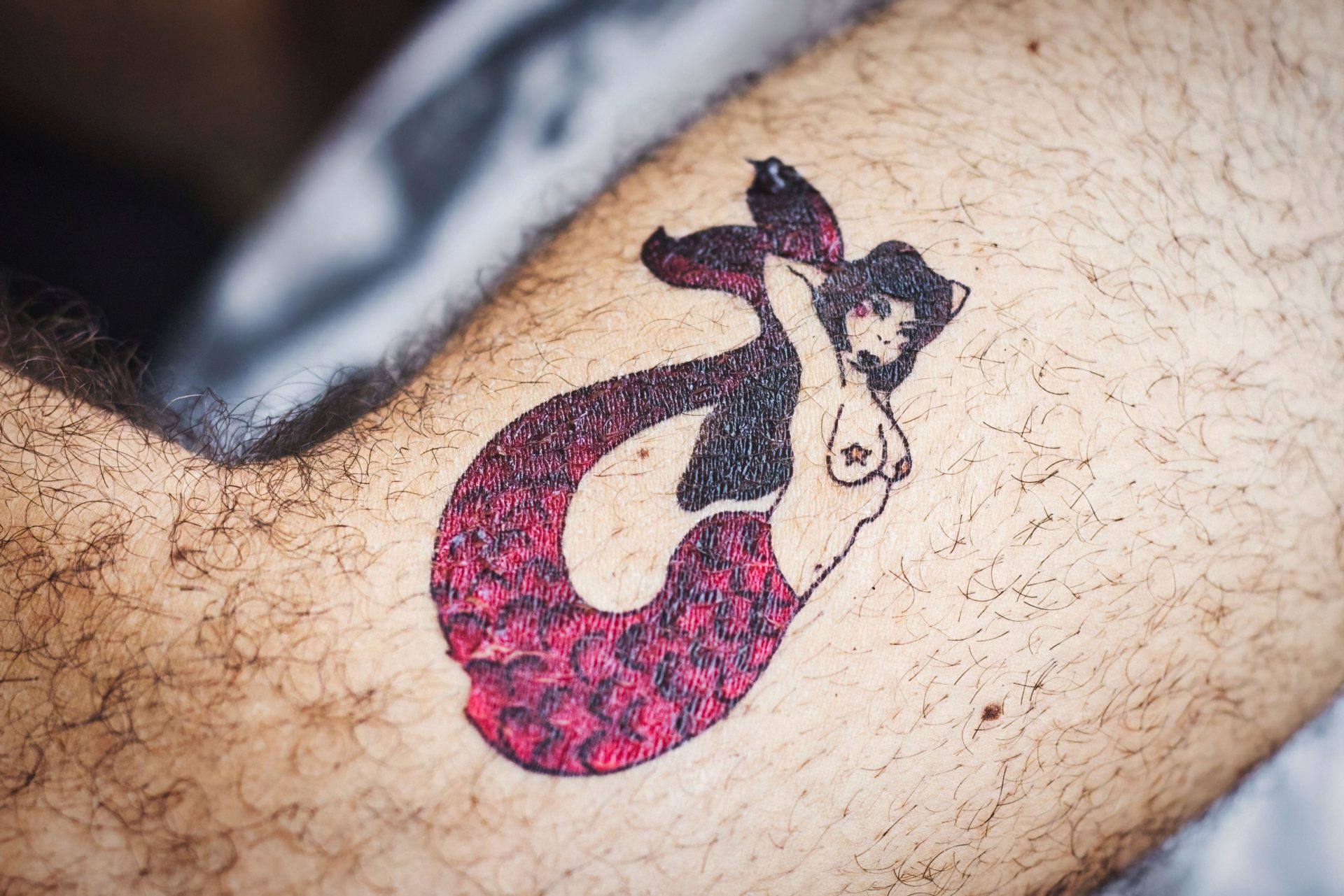 Closeup of a mermaid tattoo on a man's hairy arm.
