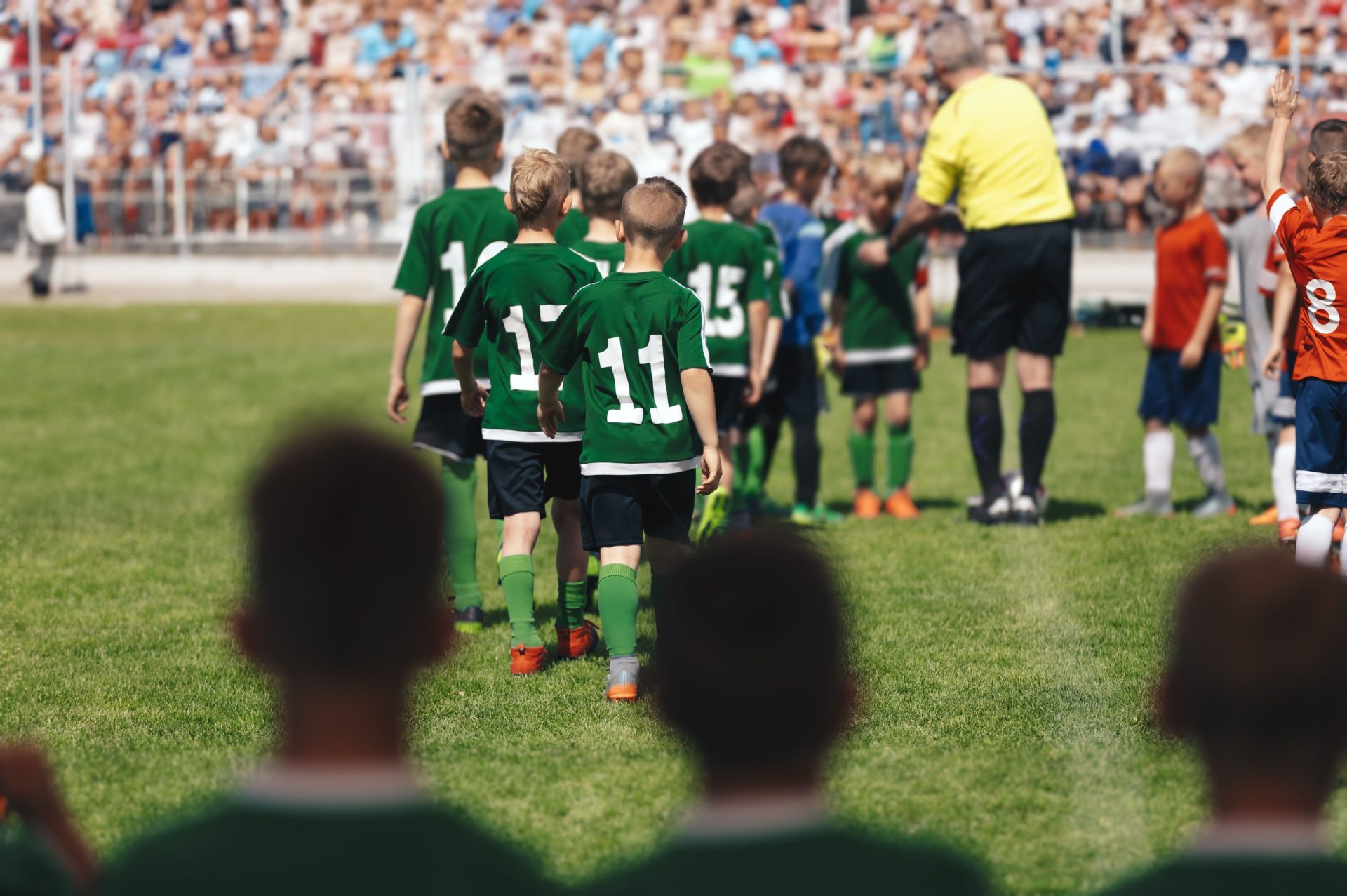 Children's football players walk onto the pitch with the referee.