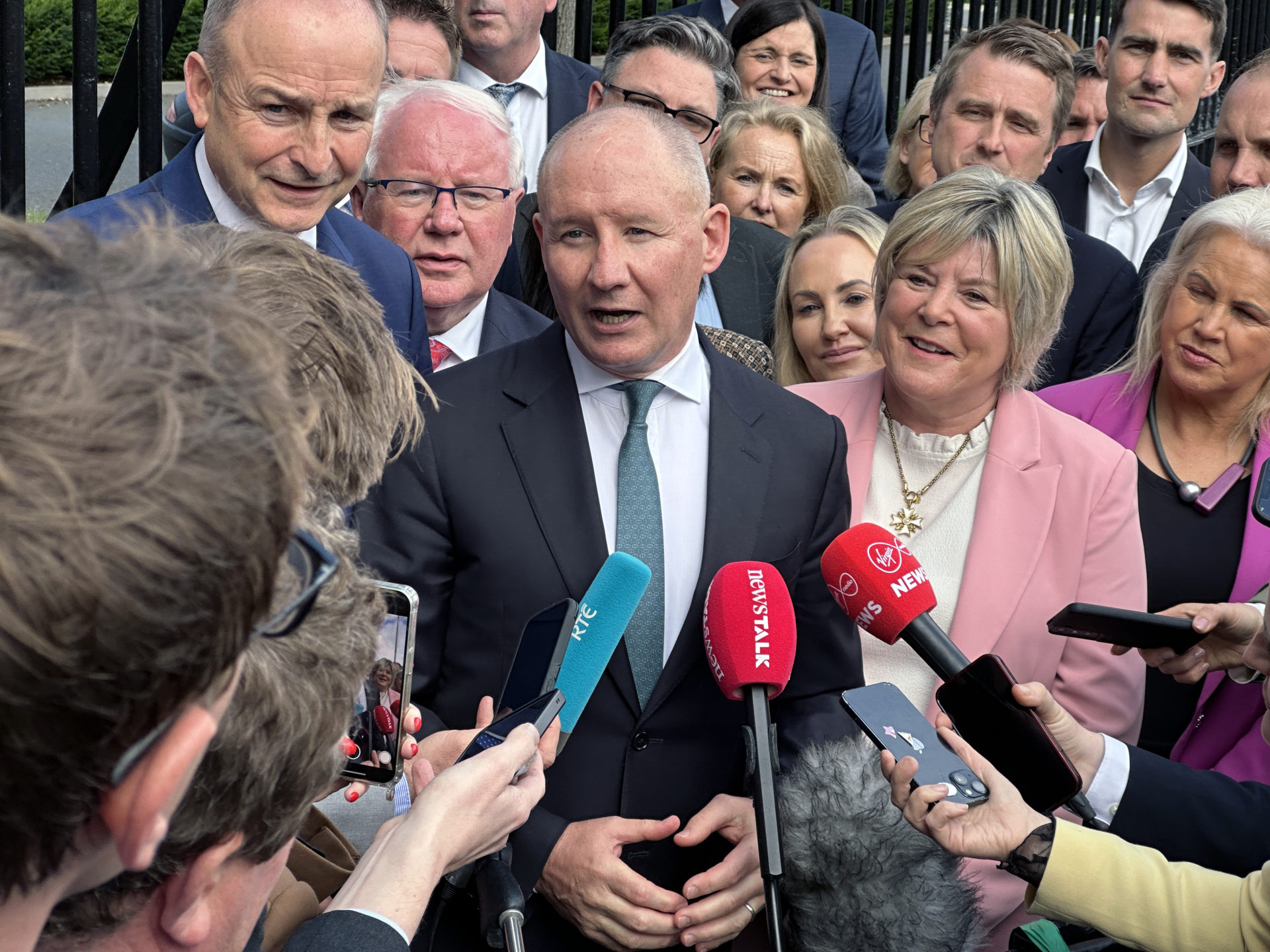 09/09/2025 Dublin ireland. Fianna Fail party leader Micheal Martin with the winning candidate Jim Gavin speaks to the media and reporters at the Merrion Gate after winning the nomation to became their candidate for president. Photo: Eamonn Farrell/© RollingNews.ie