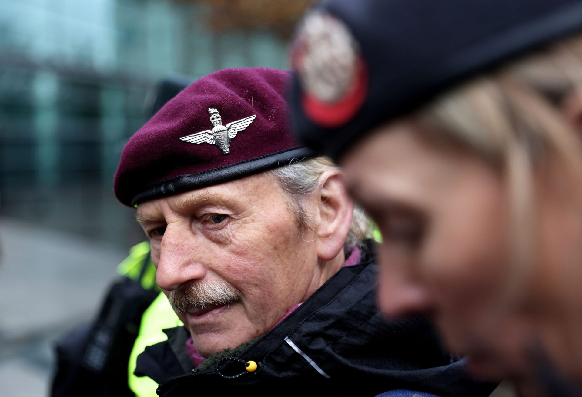 Supporters of soldier F stand outside of Belfast Crown Court, where the trial of a former paratrooper accused of the murder of two men on Bloody Sunday is taking place, in Belfast, Northern Ireland.