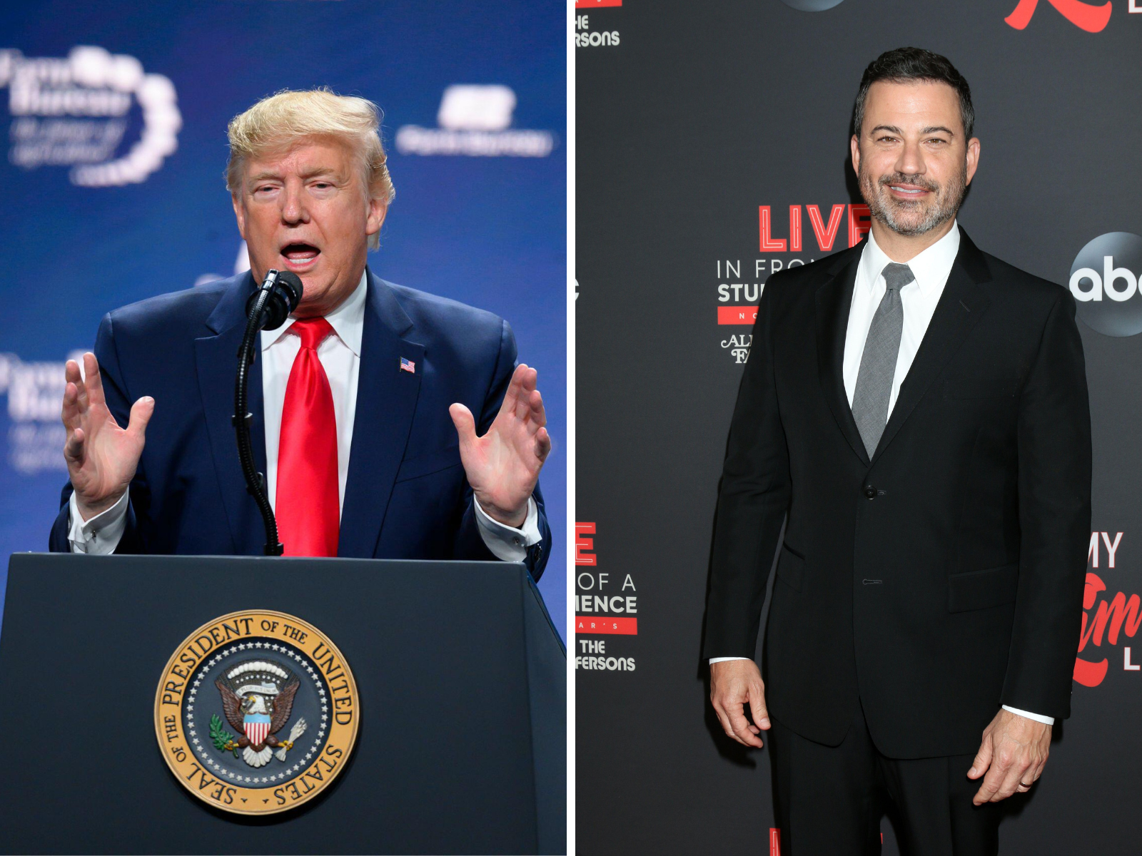 Split of Donald Trump and Jimmy Kimmel. Pictures by: Alamy.com.