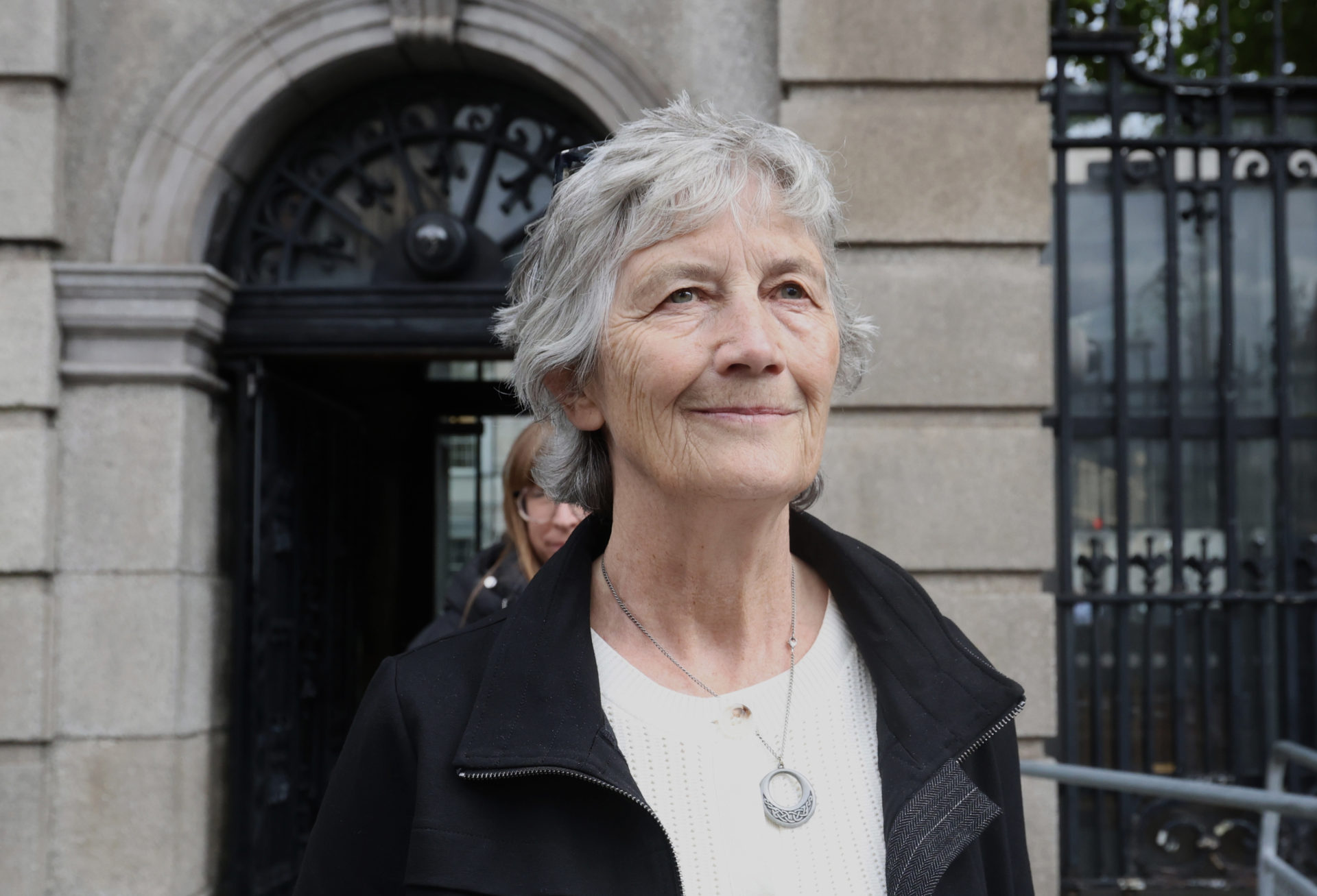 24/09/2025. Dublin, Leinster, Ireland, Irish. Presidential Candidate Catherine Connolly, exits Leinster House to accept an openletter from former Irish Defence Forces soldiers and UN peacekeepers, alongside campaign group Uplift, demanding that the government abandon efforts to end Irish neutrality by scrapping the Triple Lock. The open letter has been signed by troops and members of the public and has amassed more than 3,500 signatures. Afterwards, Deputy Catherine Connolly will read the letter into the Dáil record. Photo: Leah Farrell/RollingNews.ie