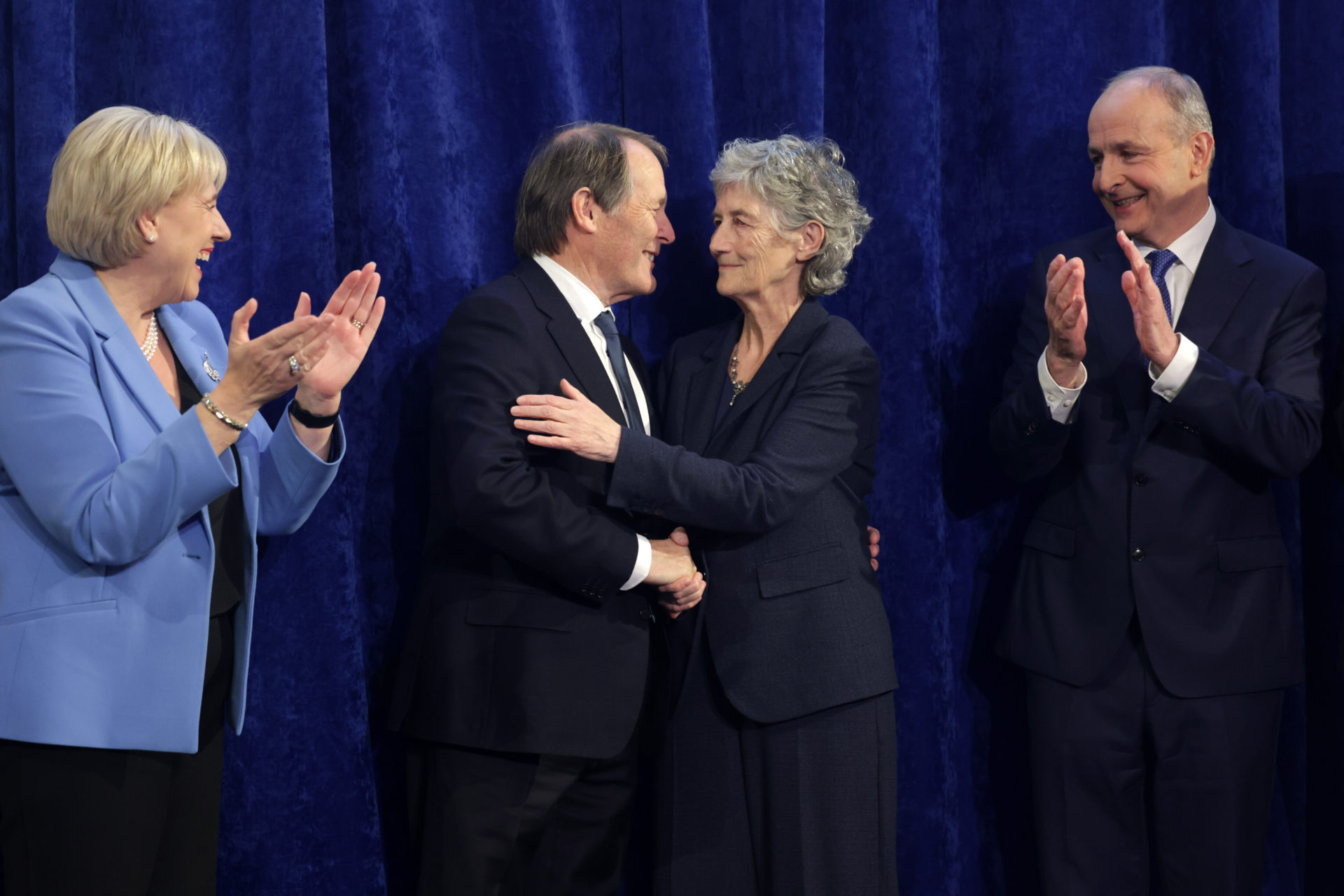Independent winning presidential candidate supported by a united left alliance Catherine Connolly with being congratulted by Heather Humphreys and Fianna Fail leader Micheal Martin in Dublin Castle after todays victory.