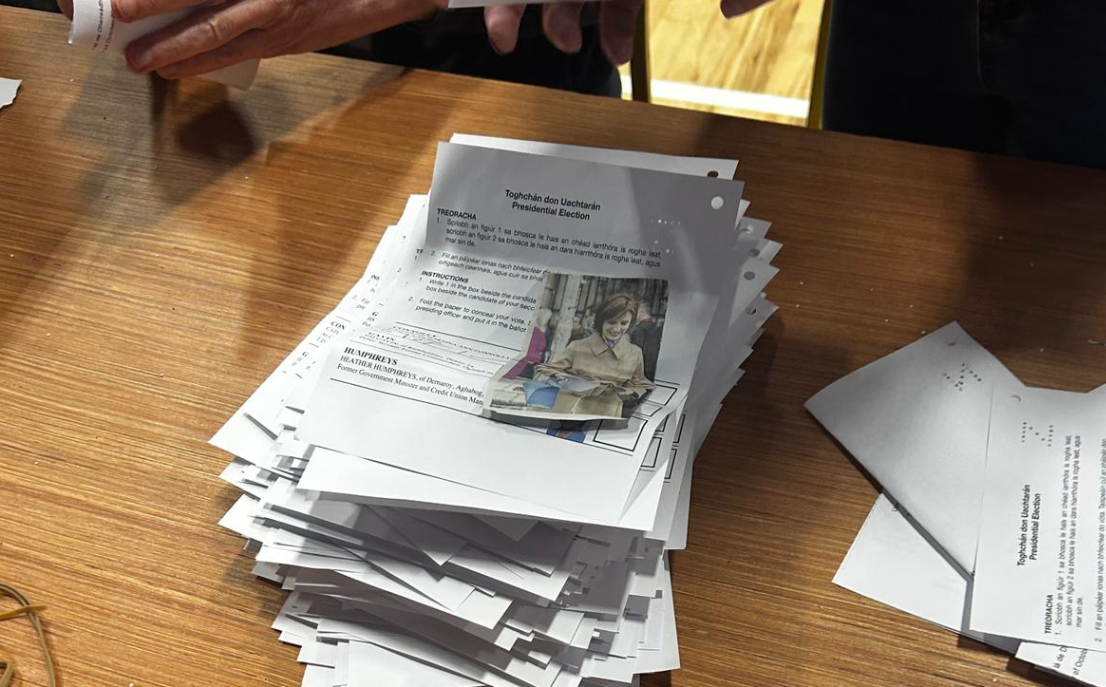 Spoiled vote from Galway count centre containing a glued-in photo of Maria Steen.