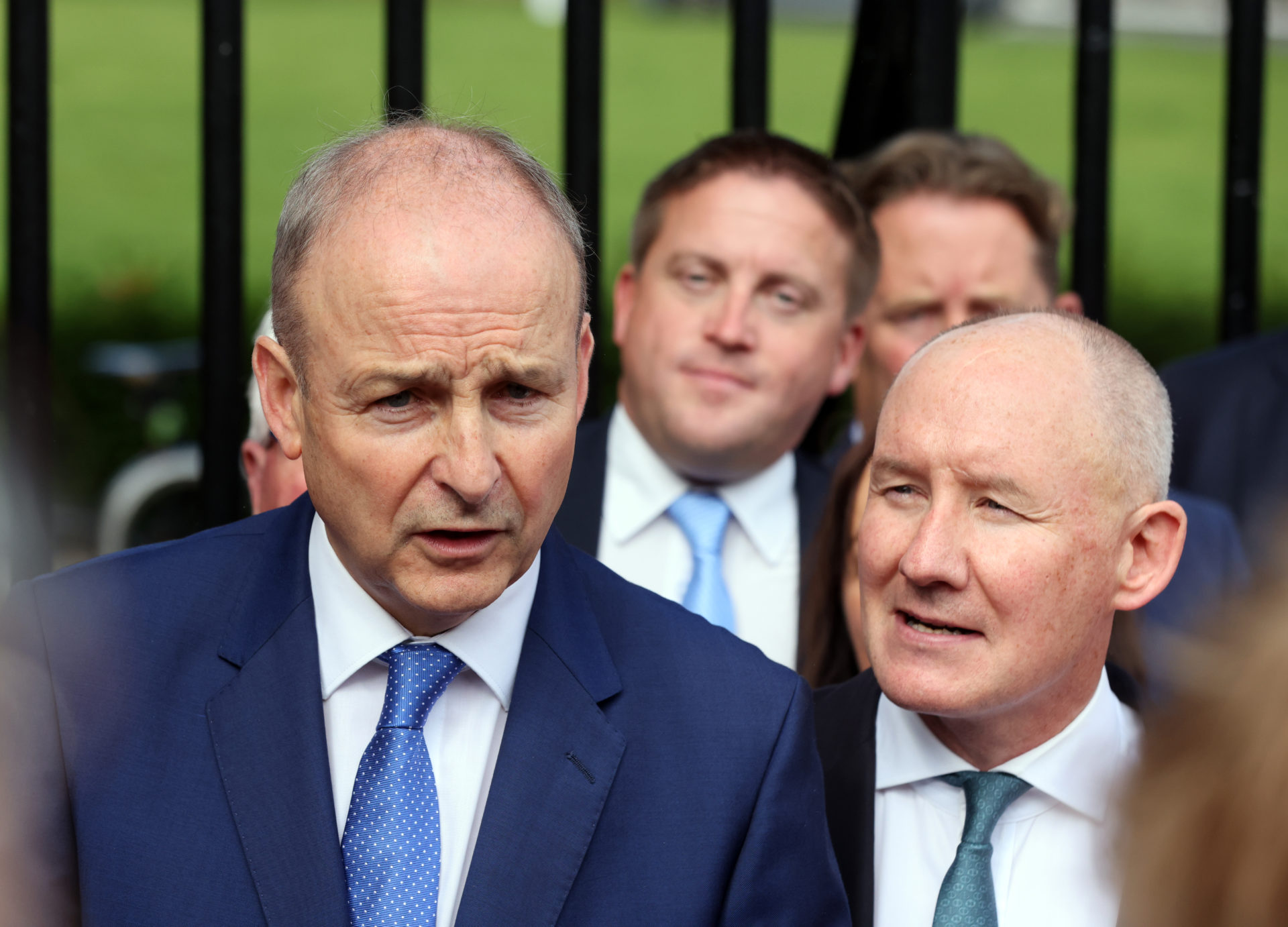 09/09/2025 Dublin ireland. Fianna Fail party leader Micheal Martin with the winning candidate Jim Gavin speaks to the media and reporters at the Merrion Gate after winning the nomation to became their candidate for president. Photo: Eamonn Farrell/© RollingNews.ie