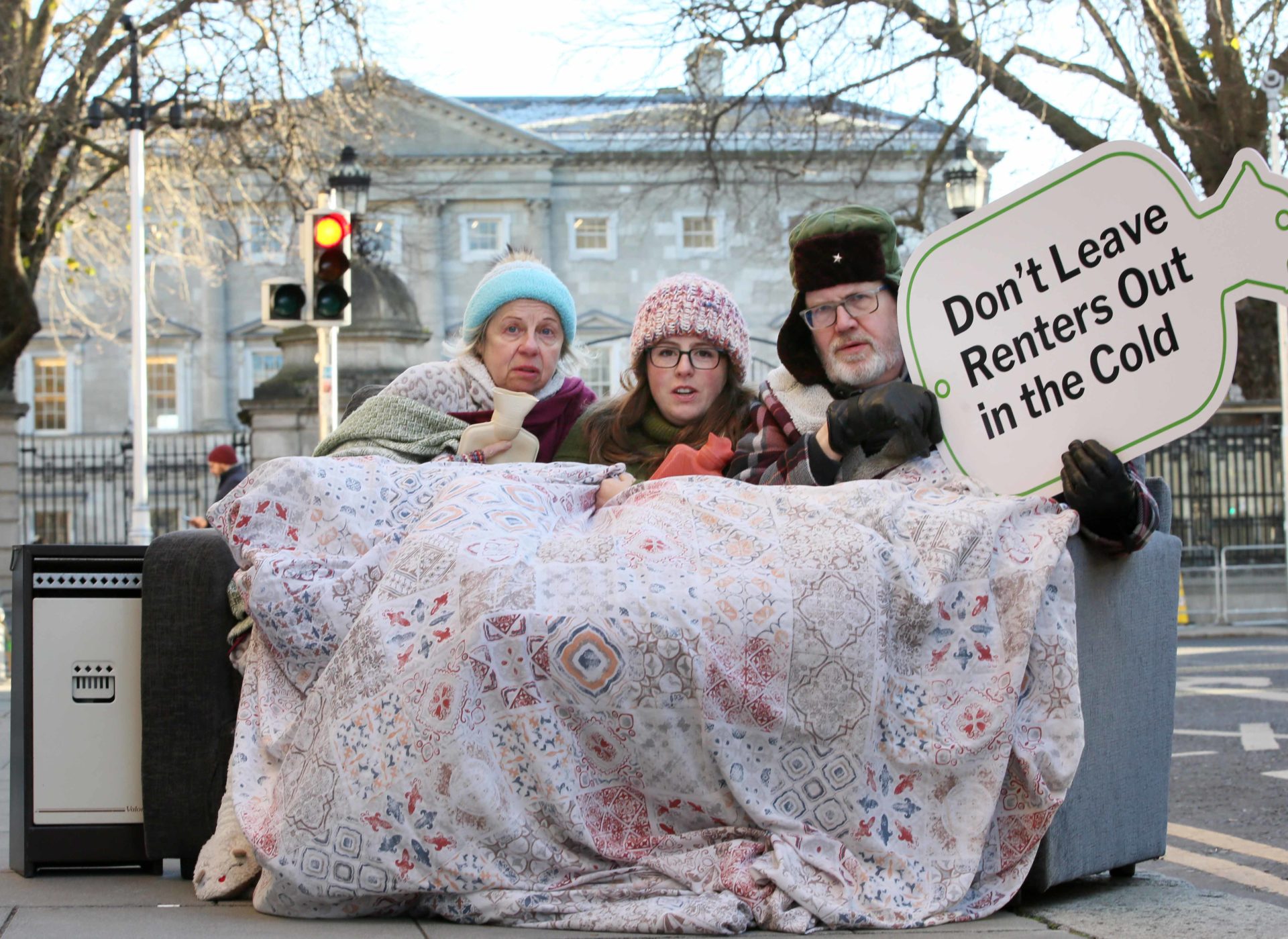 A fake, cold sitting room has been set up outside Leinster House, to highlight the cold winter re...