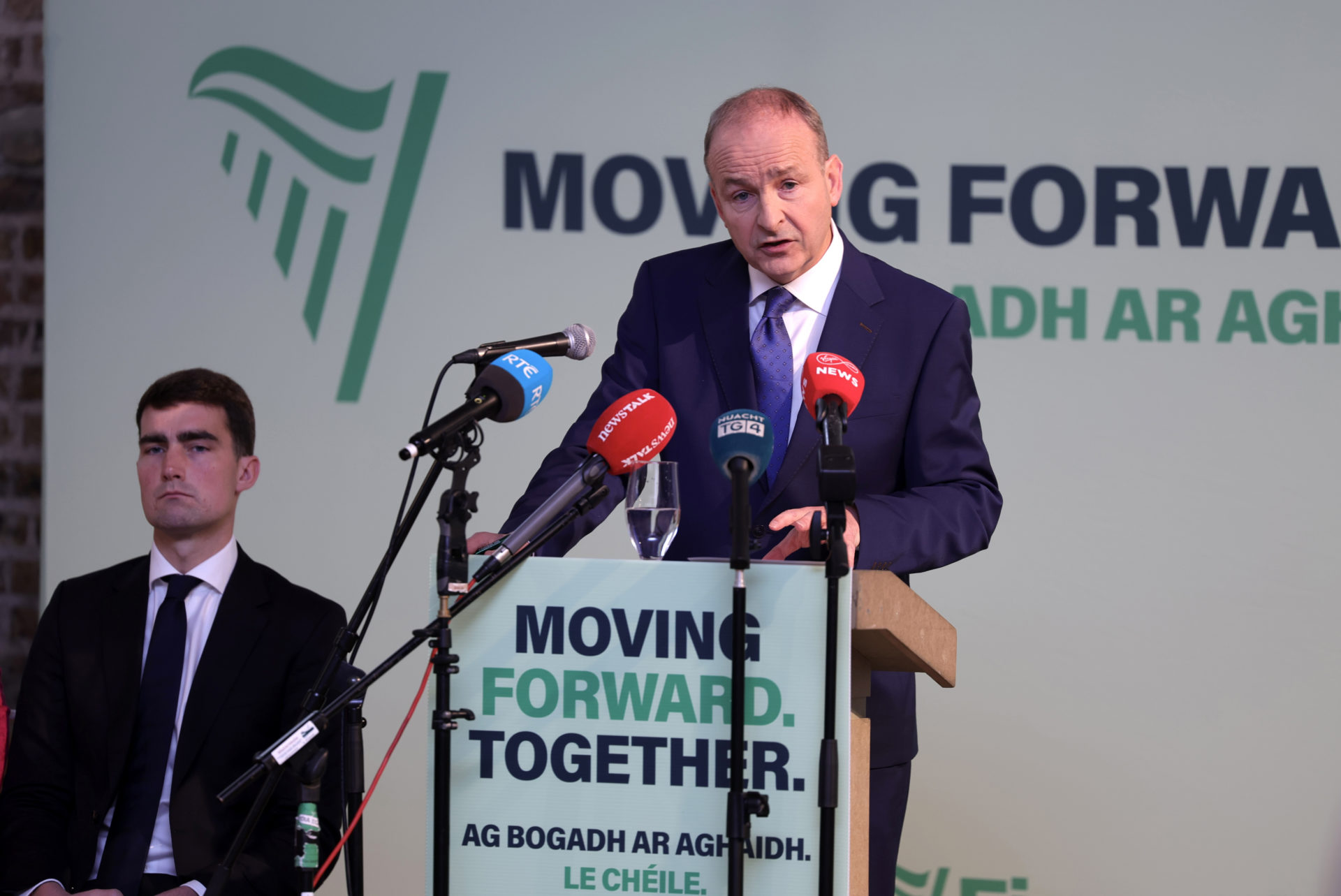 11/11/2024 Dublin Ireland. Tanaiste and Fianna Fail party leader leader Micheal Martin and Minister for Finance Jack Chambers at a launch of their manifesto in Smock Alley Dublin as part of the general election campaign. Photo: Leah Farrell/© RollingNews.ie