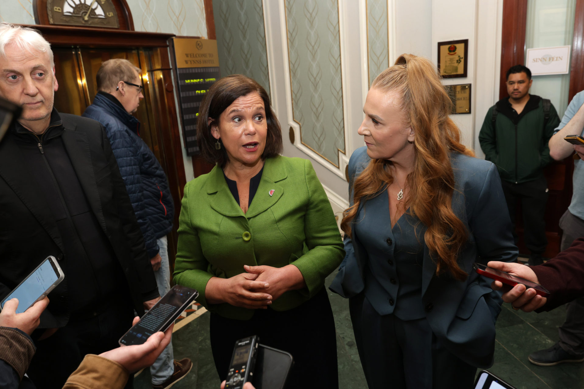 05/05/2026 Dublin Irish Leinster Ireland. Photo shows Sinn Fin candidate for Dublin Central, Cllr Janice Boylan, talking to the media alongside party leader, Mary Lou McDonald, ahead of Cllr BoylanÕs by-election launch at WynnÕs Hotel. Photo: Leah Farrell/© RollingNews.ie