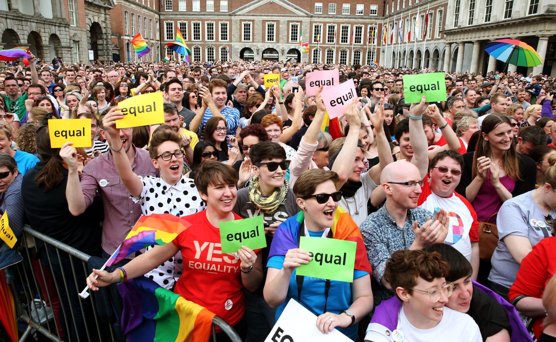 G80RMH People gather at the Central Count Centre in Dublin Castle, Dublin, as votes are continued to be counted in the referendum on same-sex marriage.